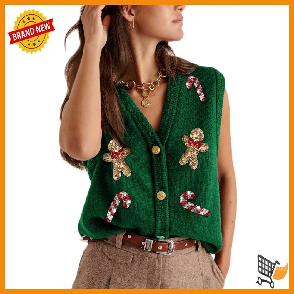 Christmas Sweater Vest Embroidered Button Front Crochet Sequin Knit Top